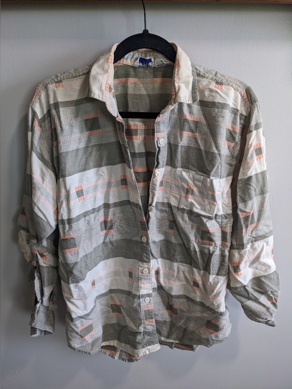 Vintage '80s India cotton button down boho dobby stripe shirt Angelique imports
